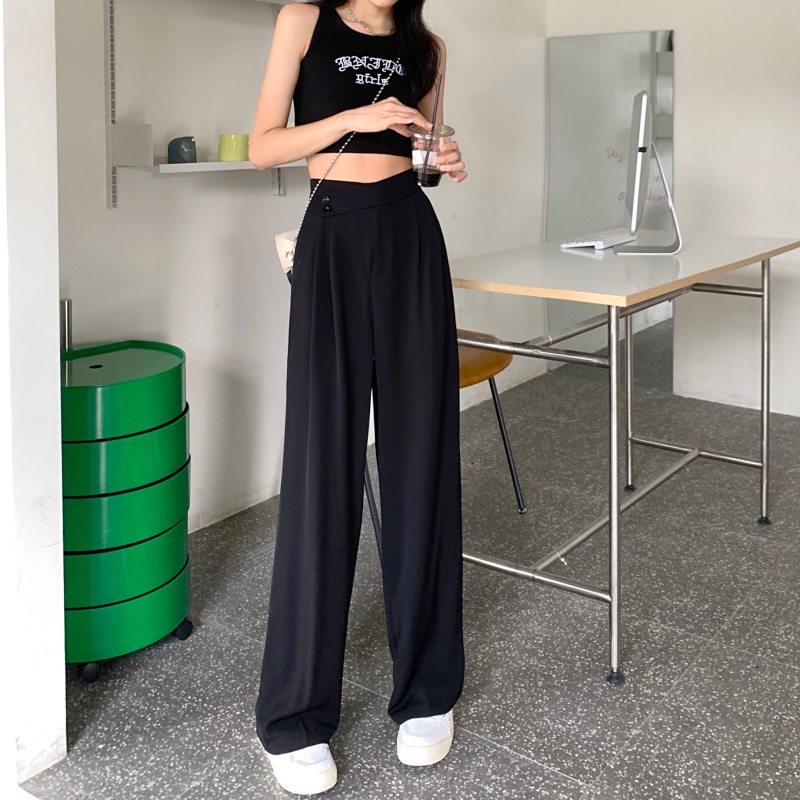 IELGY IELGY Quần Dài Lưng Cao Ống Rộng Màu Sắc Đơn Giản Thời Trang Cho Nữ