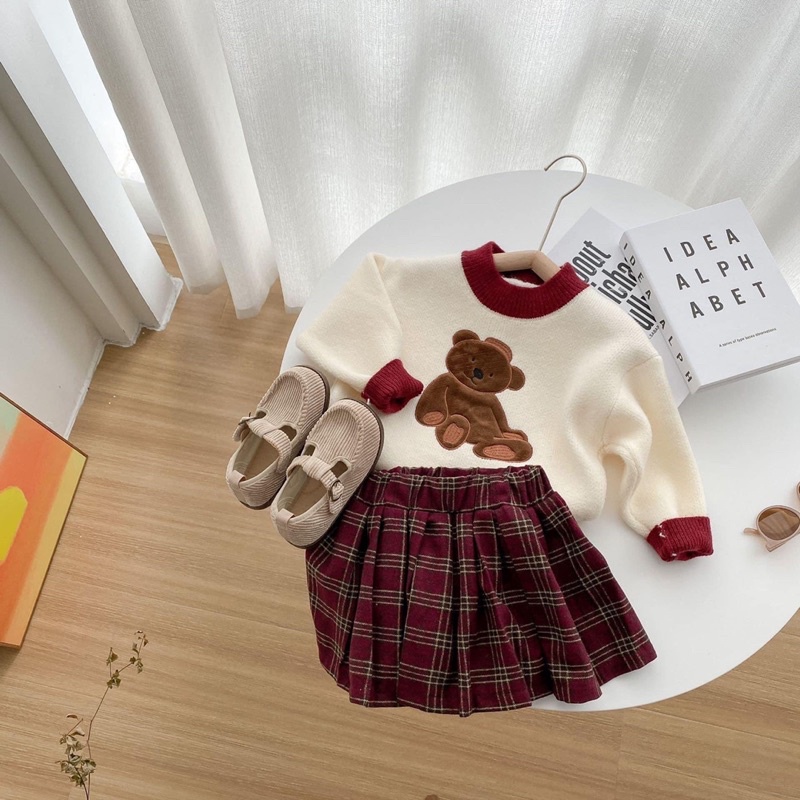 Set len gấu kèm chân váy dạ cho bé gái