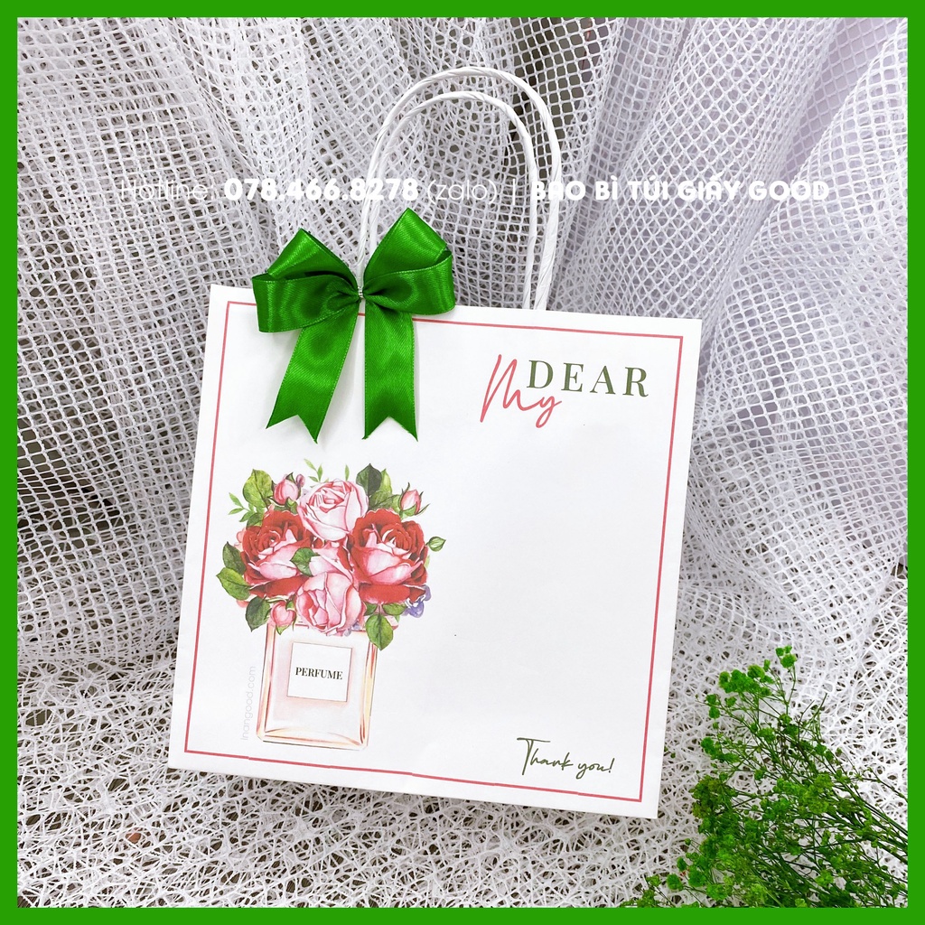 Túi giấy kraft mẫu nước hoa dành cho shop chuyên mỹ phẩm nước hoa, spa với nhiều kích thước tặng kèm nơ trang trí
