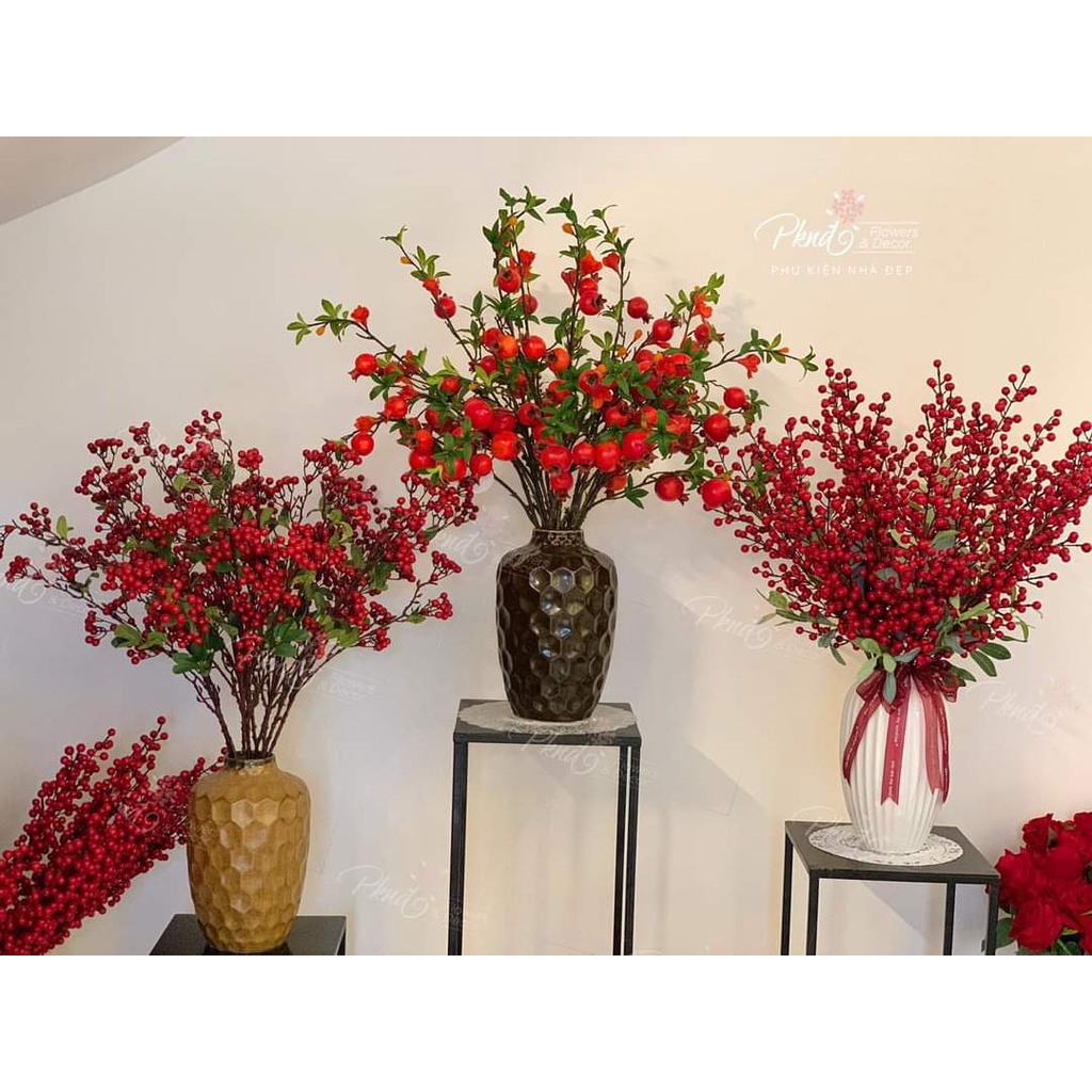 Bình hoa đào đông đỏ giả chất xốp PU cao cấp trang trí phòng khách đẹp PKND FLOWERS &amp; DECOR PKSH60