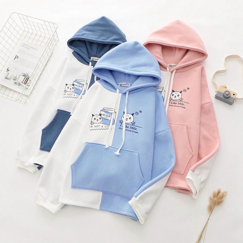 (FREESHIP) Áo hoodie phối màu in hình mèo sữa đáng yêu freesize, Áo hoodie nam nữ mẫu mới | BigBuy360 - bigbuy360.vn