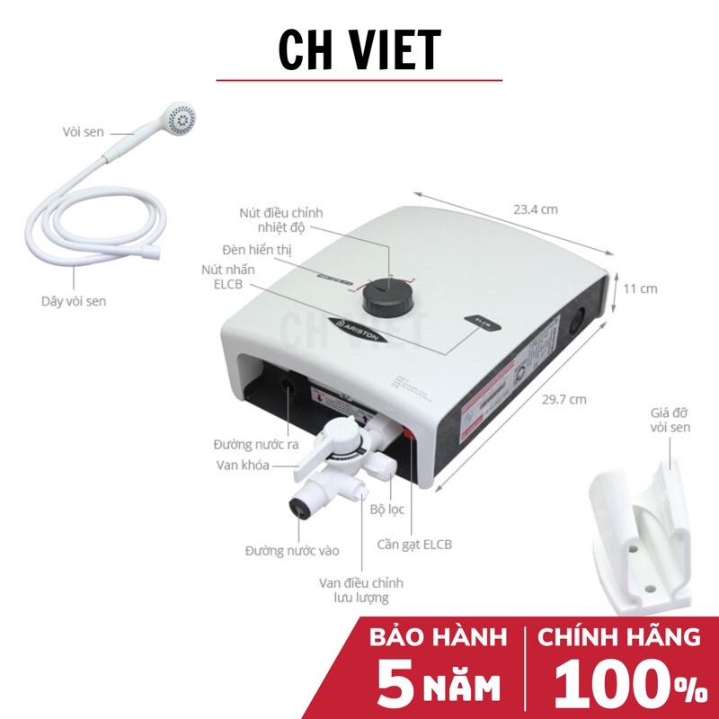 [Mã 155ELSALE giảm 7% đơn 300K] Bình nóng lạnh trực tiếp Ariston SB35E - Không bơm, 3500W