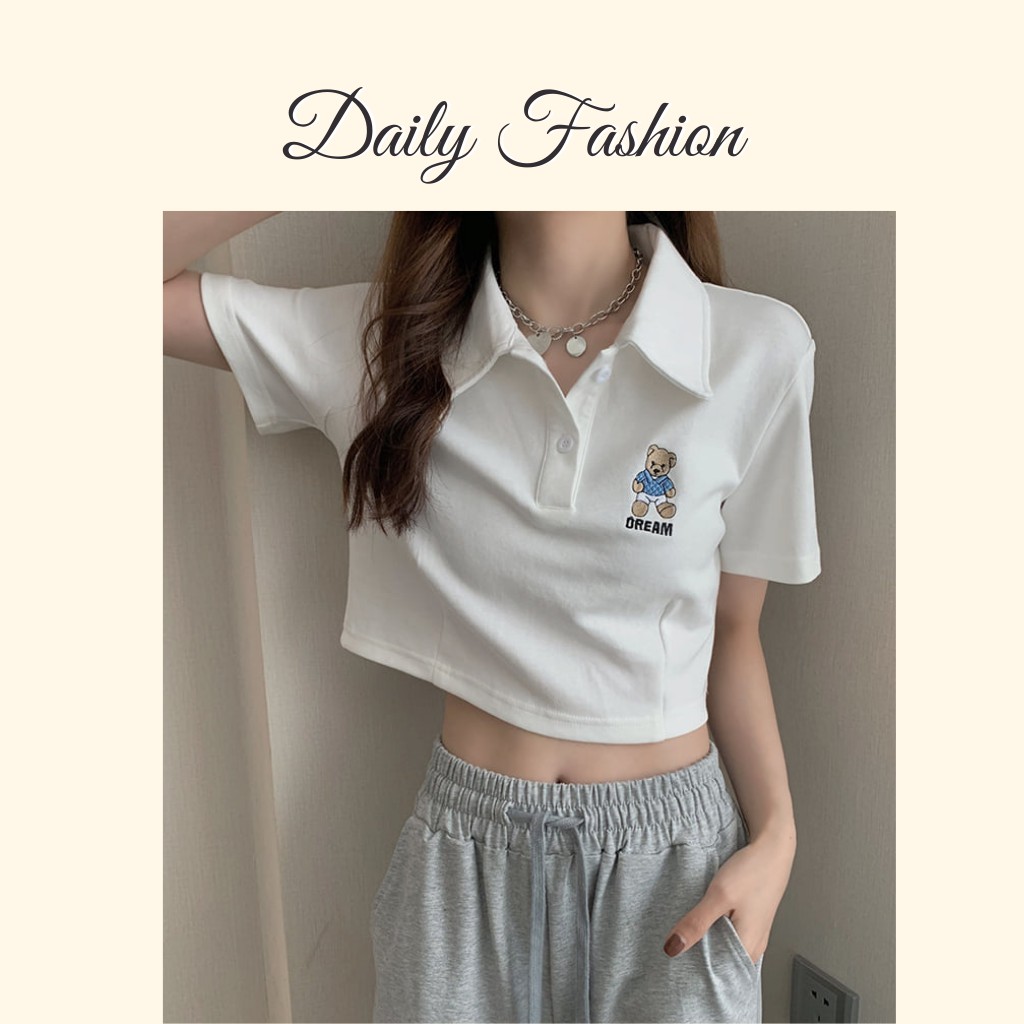 Áo polo thêu gấu - Áo thun nữ croptop thêu gấu ngắn tay màu trắng hottrend