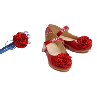 Giày búp bê bé gái màu đỏ, hoa lụa handmade