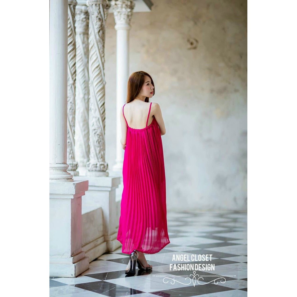 Đầm suông hai dây dáng dài xếp ly, đầm bầu, đầm maxi