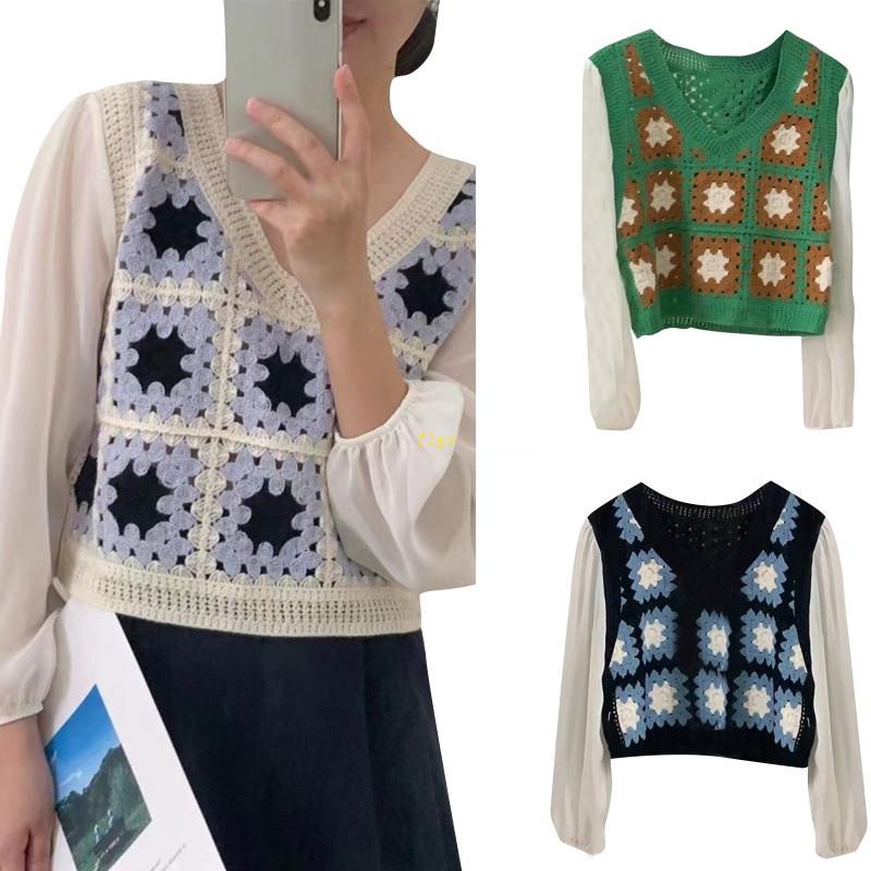 Áo Croptop Dệt Kim Chiffon Tay Dài Phồng Họa Tiết Kẻ Sọc Màu Khối Rỗng Kiểu Vintage Cho Nữ Bl