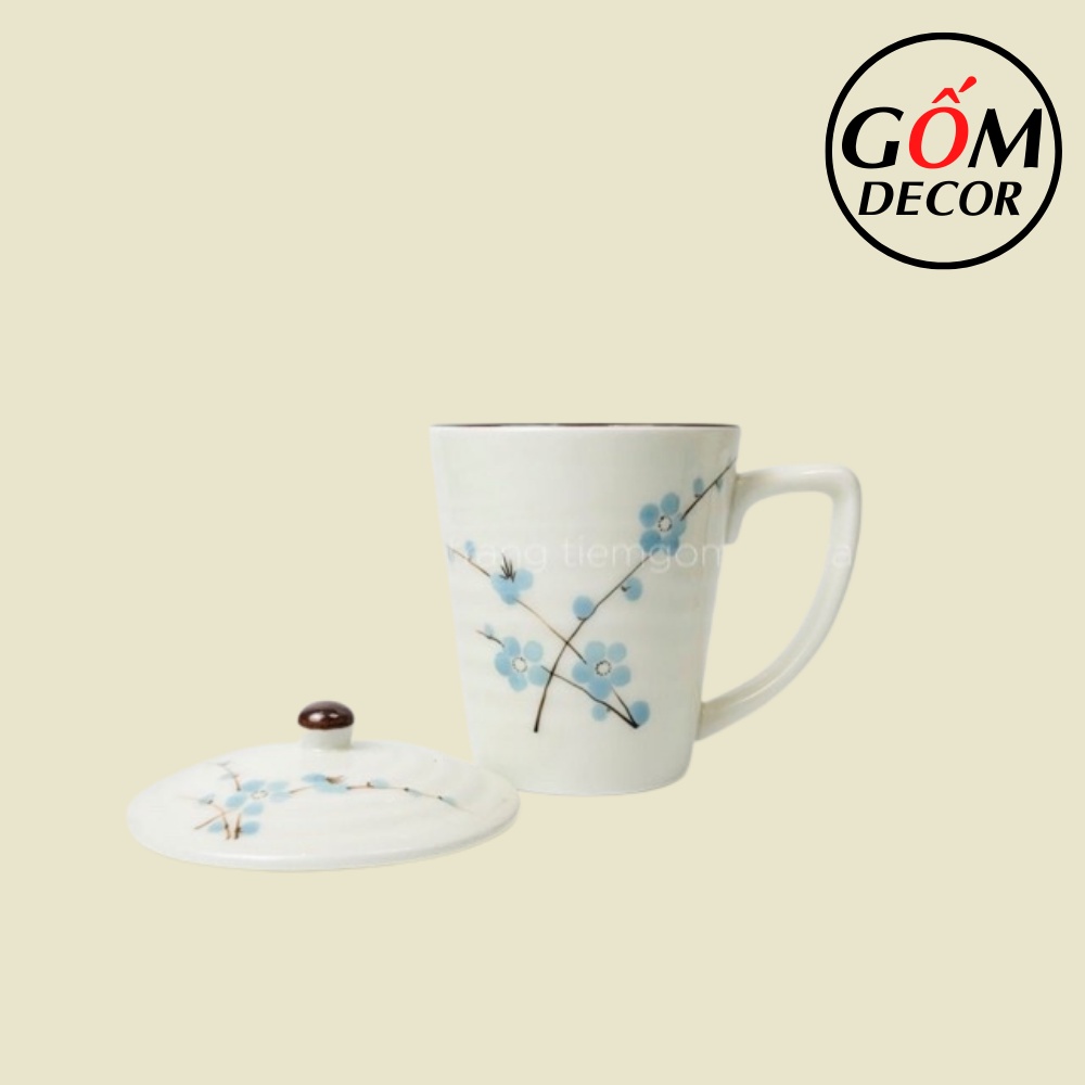 Cốc sứ có nắp men kem Bát Tràng chính hãng, cốc uống nước có quai 350ml nhiều họa tiết đẹp