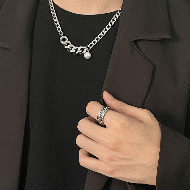 Nhẫn thép titan thiết kế chuỗi xích có thể xoay phong cách hip hop Hồng Kông cá tính cho cặp đôi