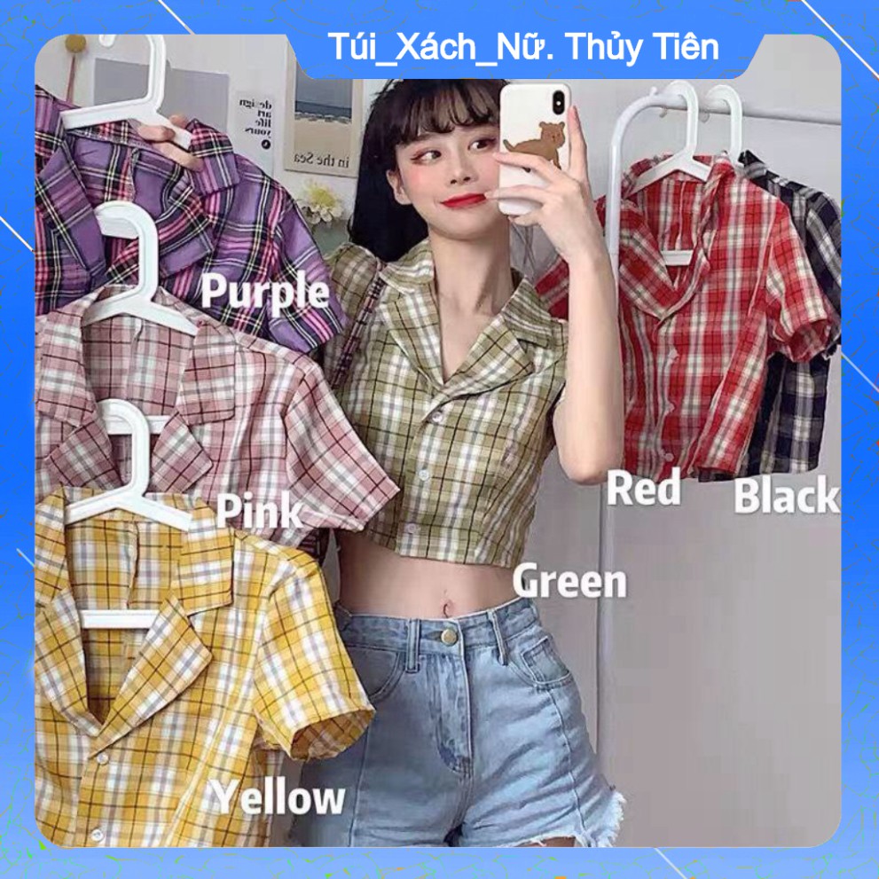 (Giá Gốc) ÁO SƠ MI CROPTOP TAY NGẮN KẺ SỌC CARO THỜI TRANG CHO NỮ - CROPTOP CARO KẺ TÍM ĐEN ĐỎ HỒNG VÀNG XANH -👗TTshop�