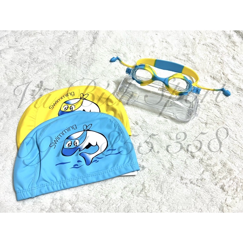 Combo 1 Nón Bơi Vải chống nước + Kính Bơi Conquest BL15 cho bé + Kèm nhét tai bơi