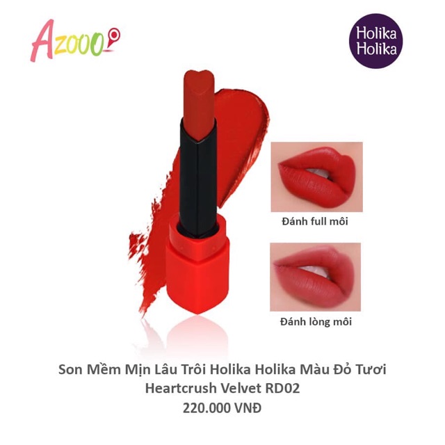 Son mềm mịn lâu trôi Holika Holika (màu cam đất, đỏ tươi, cam san hô, hồng đỏ) Heartcrush Lipstick Comfort Velvet