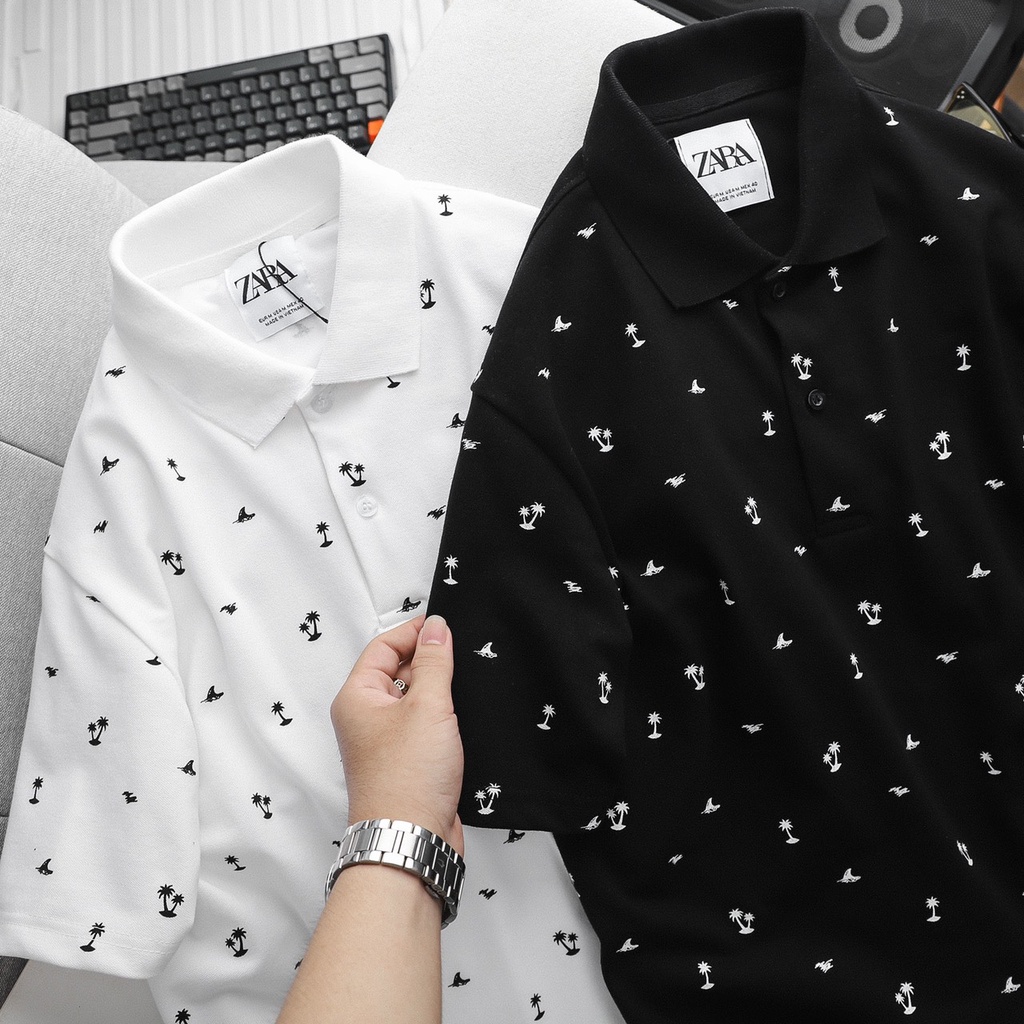 Áo thun nam GAP hoạt tiết cây dừa, polo trắng, đen tay ngắn cotton co giãn, thoáng mát TONKIN