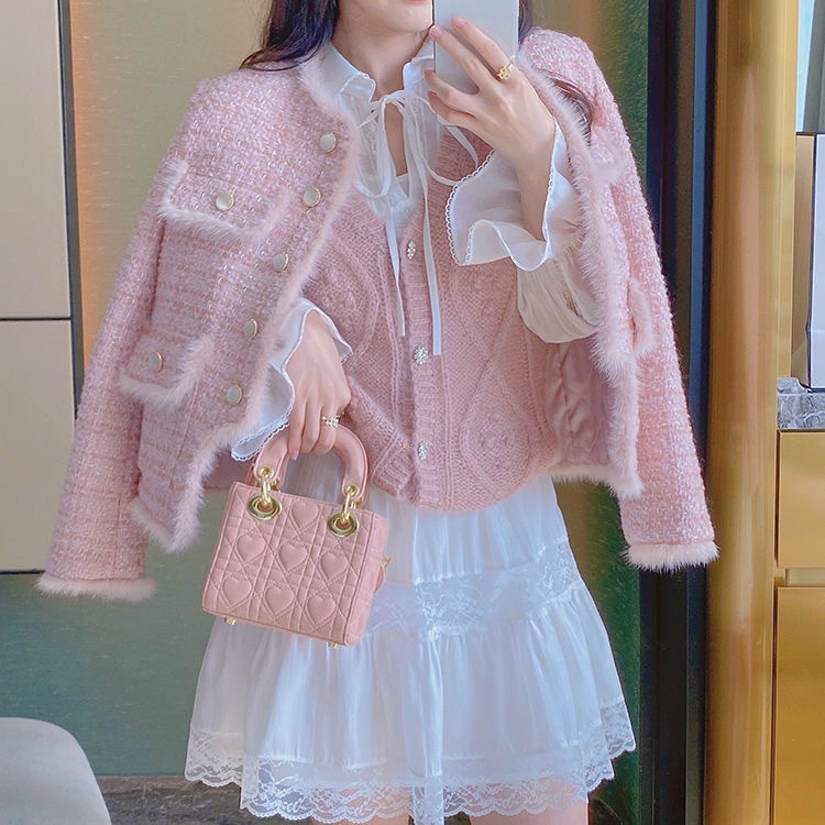 Áo dạ Tweed nữ phối viền lông hai lớp Tiemcuachii hồng xinh