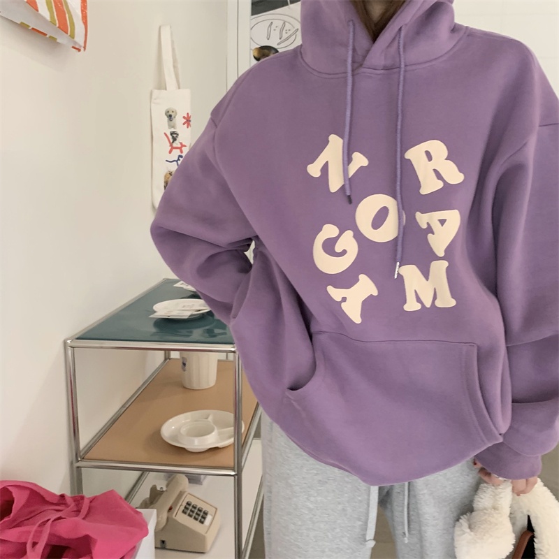 Áo Hoodies Tay Dài Hoạ Tiết Chữ In Phong Cách Hàn Quốc