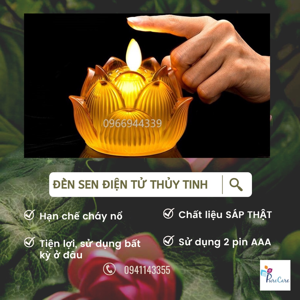 Đèn Nến điện tử Hoa sen pha lê thủy tinh Đèn Led lung linh trang trí, thờ cúng, sử dụng pin 2A - 1 cái đèn