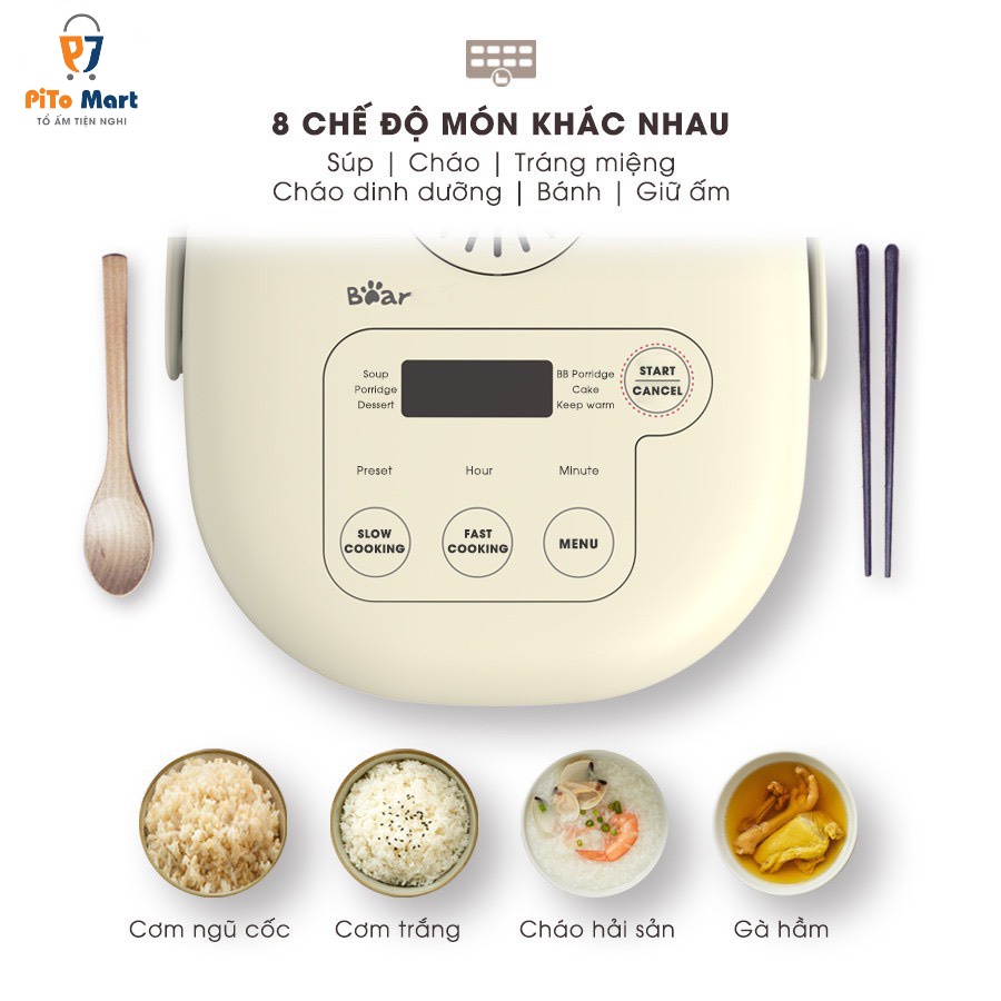 Nồi cơm điện mini đa năng BEAR SUBE015 2L nấu nhanh, nấu chậm (Nồi cơm điện tử nấu cơm, cháo, hầm, hấp, luộc ngon)