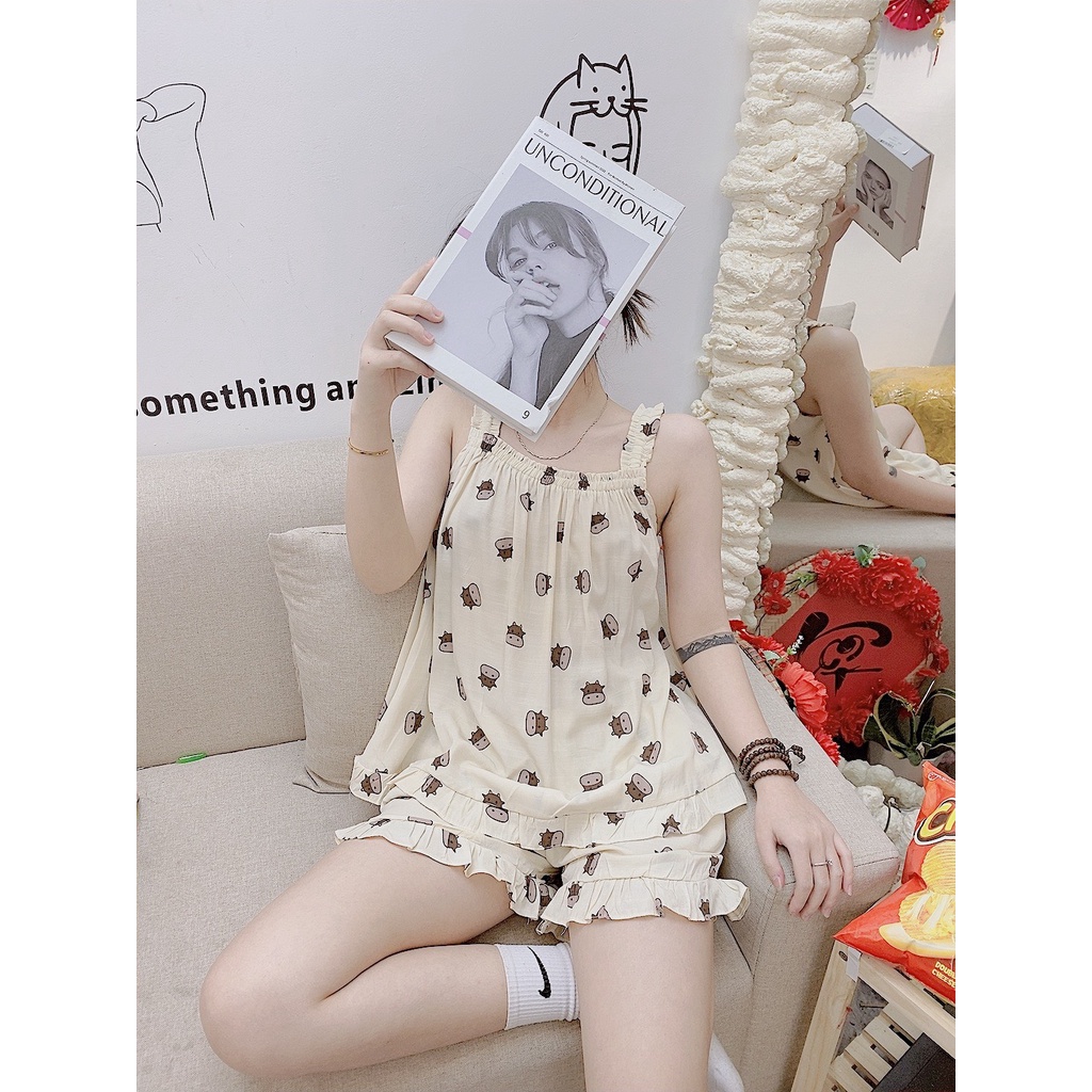 Bộ mặc nhà Pyjama hai dây chất đũi nhắn Hàn Tea Store chất vải mềm họa tiết dễ thương