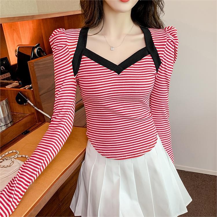 Áo len tay phồng ZHELIHANGFEI họa tiết kẻ sọc dáng ôm quyến rũ