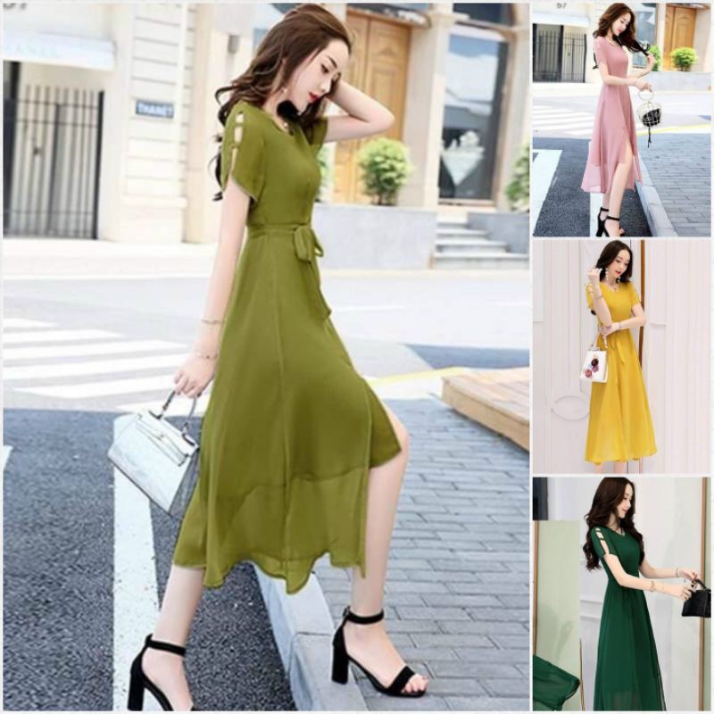 Hàng nhập - Đầm dáng xòe chiffon xẻ tà, váy maxi dạo phố