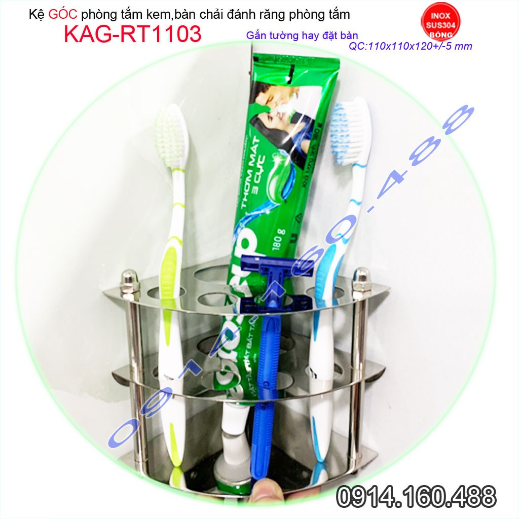 Kệ inox 304 để kem đánh răng bàn chải KAG-RT1103, giá để cây đánh răng sử dụng tiện lợi siêu bền lắp góc