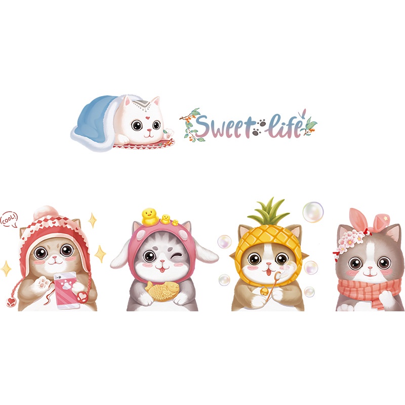Decal dán tường Mèo cute đội mũ QR9446 trang trí phòng ngủ, phòng khách phòng học