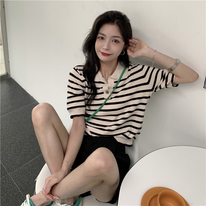 Áo thun ZHELIHANGFEI polo ngắn tay họa tiết kẻ sọc thời trang