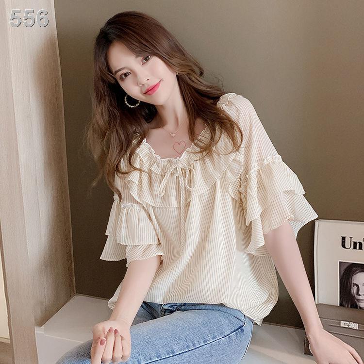 Bộ quần áo nữ mới mùa hè của Dawan 2022 rời và rất mỏng, rộng sọc, tay năm điểm, sơ mi voan