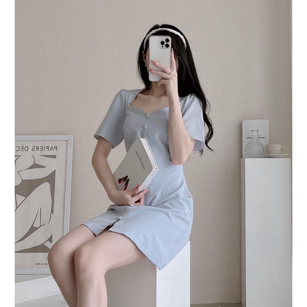 Đầm - váy tiểu thư trơn cúc bọc 2 màu