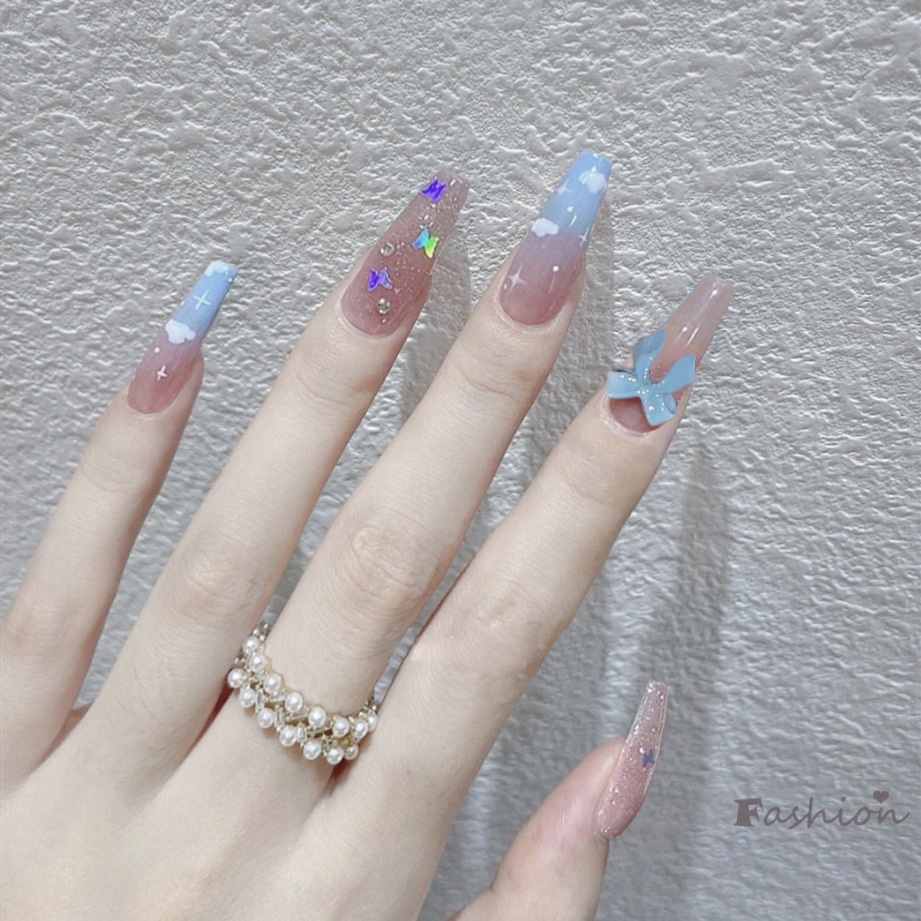 Set 24 Móng Tay Giả Màu Xanh Gradient Thời Trang Cá Tính