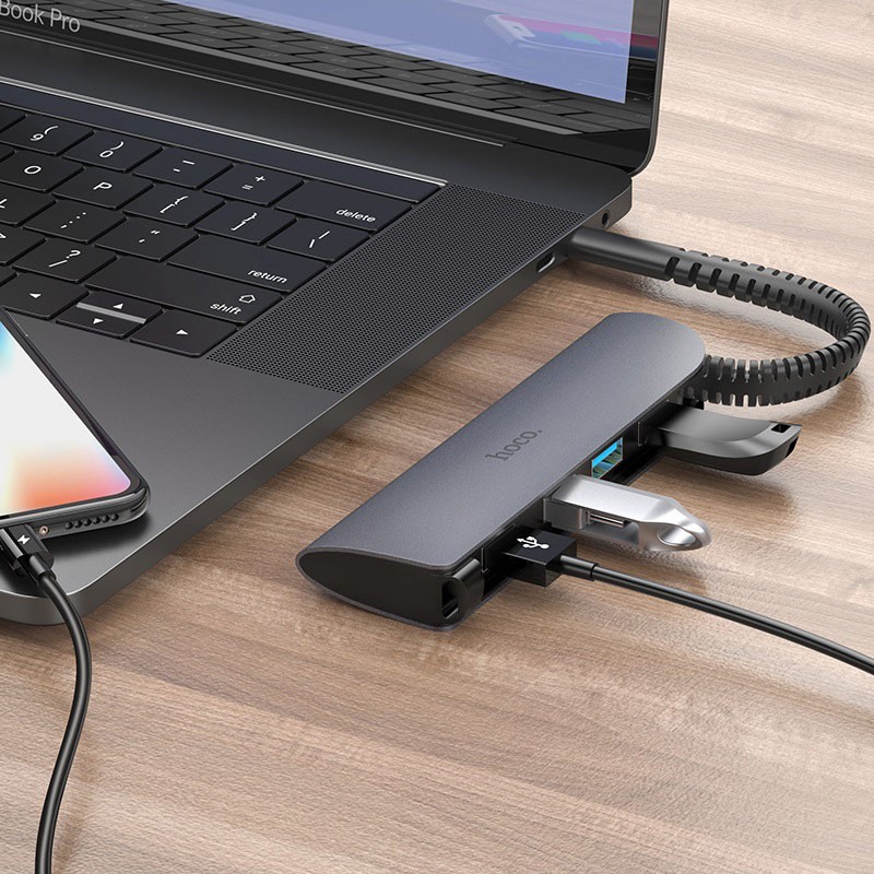 Bộ Chia Cổng Đa Năng Hoco HB15 Type-C to USB max 67W, 3 cổng USB 3.0 + 1 HDMI + 1 PD cho Macbook - Chính hãng