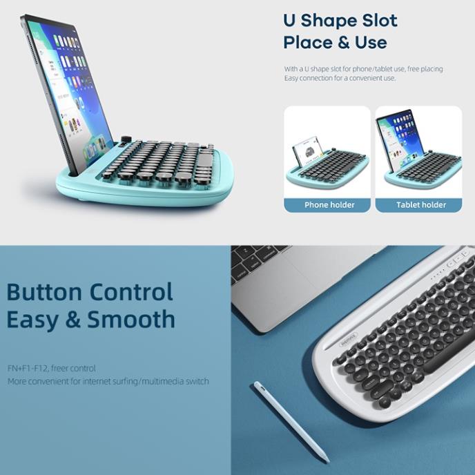 Bàn Phím Không Dây Remax JP-1 tích hợp khe để điện thoại, máy tính bảng kết nối cùng lúc 02 thiết bị Bluetooth và 01 USB