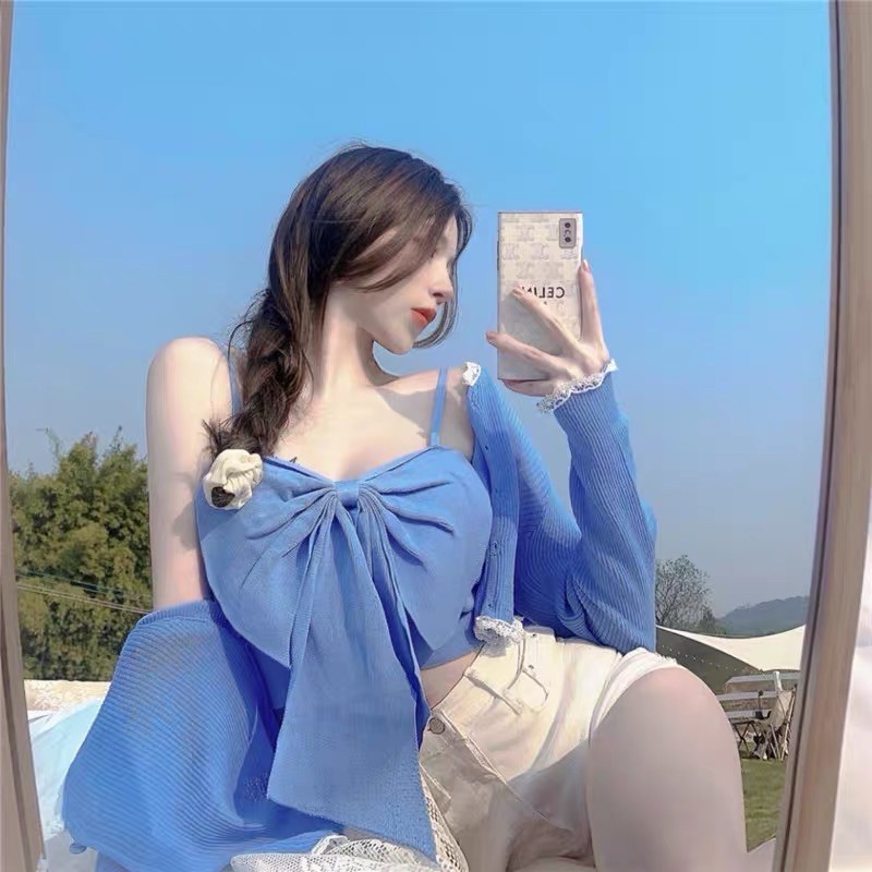 Set Áo Hai Dây Nơ + Áo Khoác Cardigan Ngắn ( ODER + KÈM ẢNH THẬT ) | BigBuy360 - bigbuy360.vn