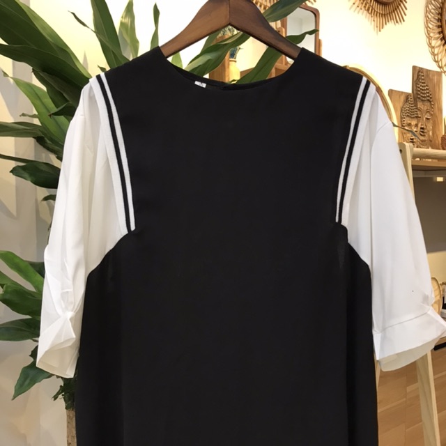 Váy bầu và sau sinh - Đầm thiết kế màu đen phối tay trắng dáng suông BN02