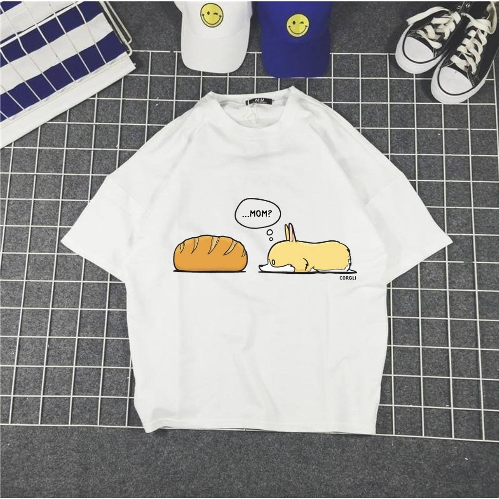 Áo Thun Nam Nữ Tay Lỡ Unisex Phông Trơn Oversize Form Rộng Basic Tee Hình chó ăn bánh mì