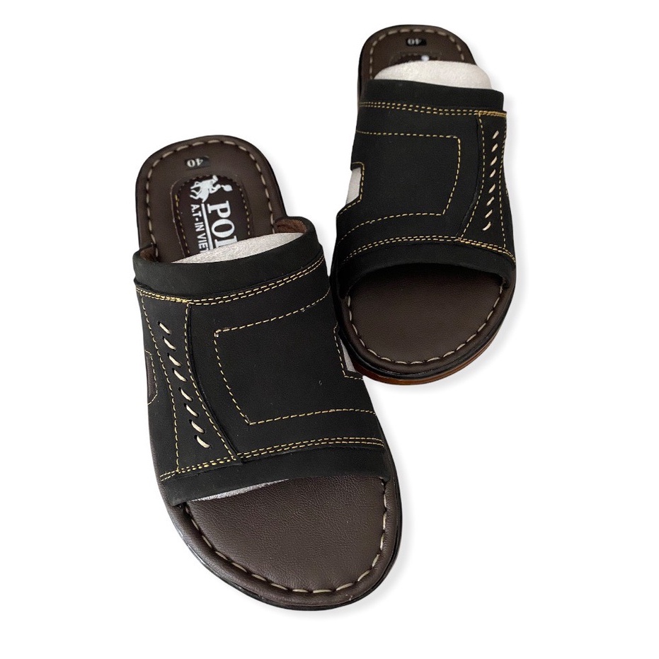 Dép da nam cao cấp đế khâu viền màu đen ms 011