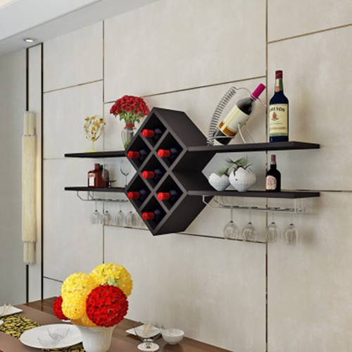 Kệ vang gắn tường tổ ong kèm 2 giá treo ly decor phòng ăn - Kệ giá để rượu vang trang trí quầy bar phòng khách bằng gỗ