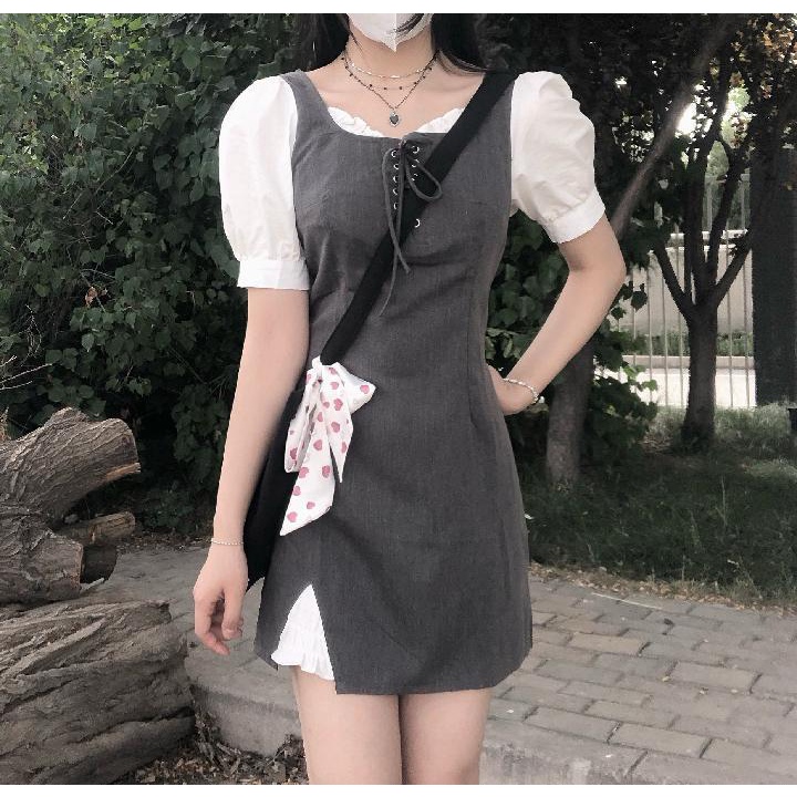 Đầm Ngắn Tay Giả Hai Mảnh Thời Trang Mùa Hè Cho Nữ