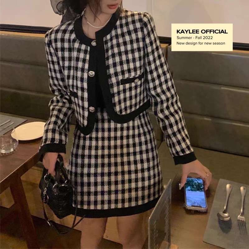 Set Dạ Tweed Kẻ Gồm Áo Khoác Mix Chân Váy Dày Dặn Có Quần Lót kèm ảnh thật Kaylee
