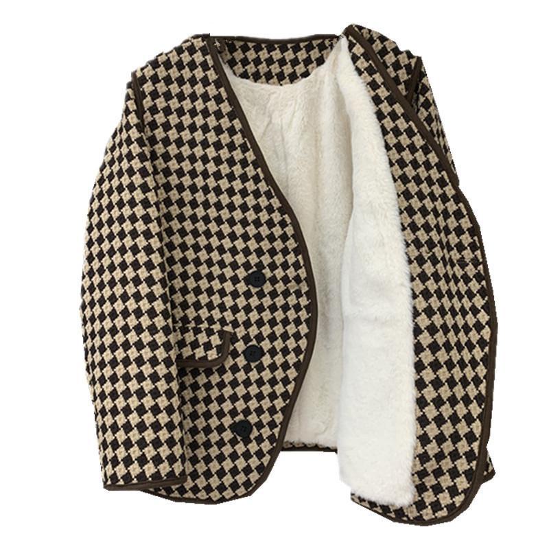 Áo khoác lông cừu mỏng lót nhung họa tiết kẻ caro phong cách Hàn Quốc cho nữ