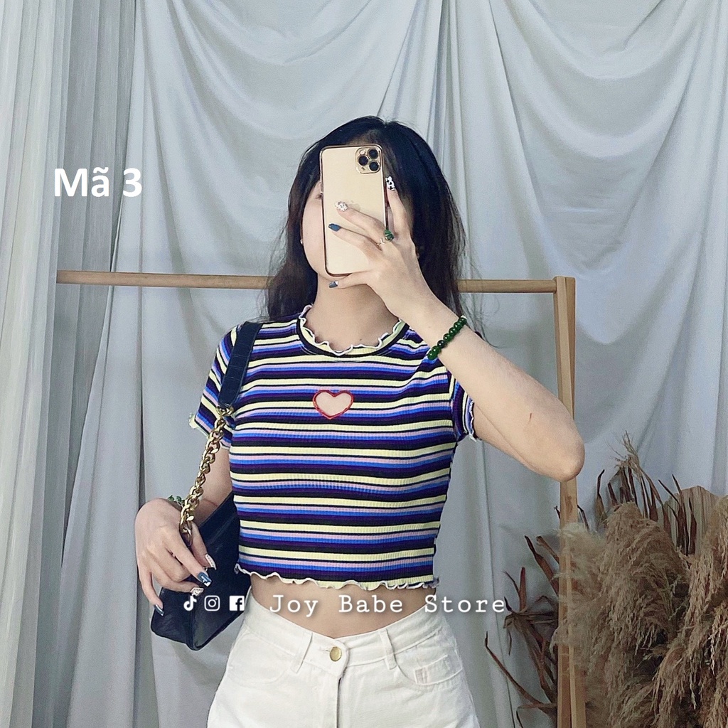 Áo croptop kiểu sọc ngang khoét tim JOY BABE form ôm 💕thun gân xịn co giãn 4 chiều,áo crop top kieu tay ngắn CRON 36 -5F