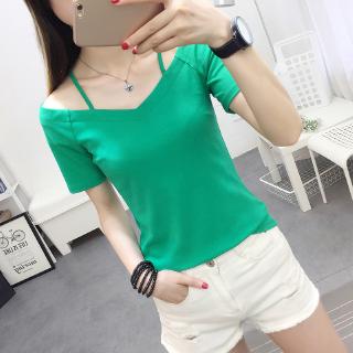 Áo thun màu trơn cổ chữ v hở vai phong cách hàn quốc cho nữ