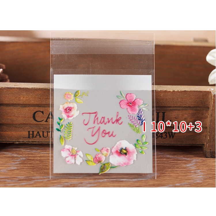 Set 100 Túi Nhựa Đựng Bánh Kẹo Có Keo Dán In Chữ Thank You