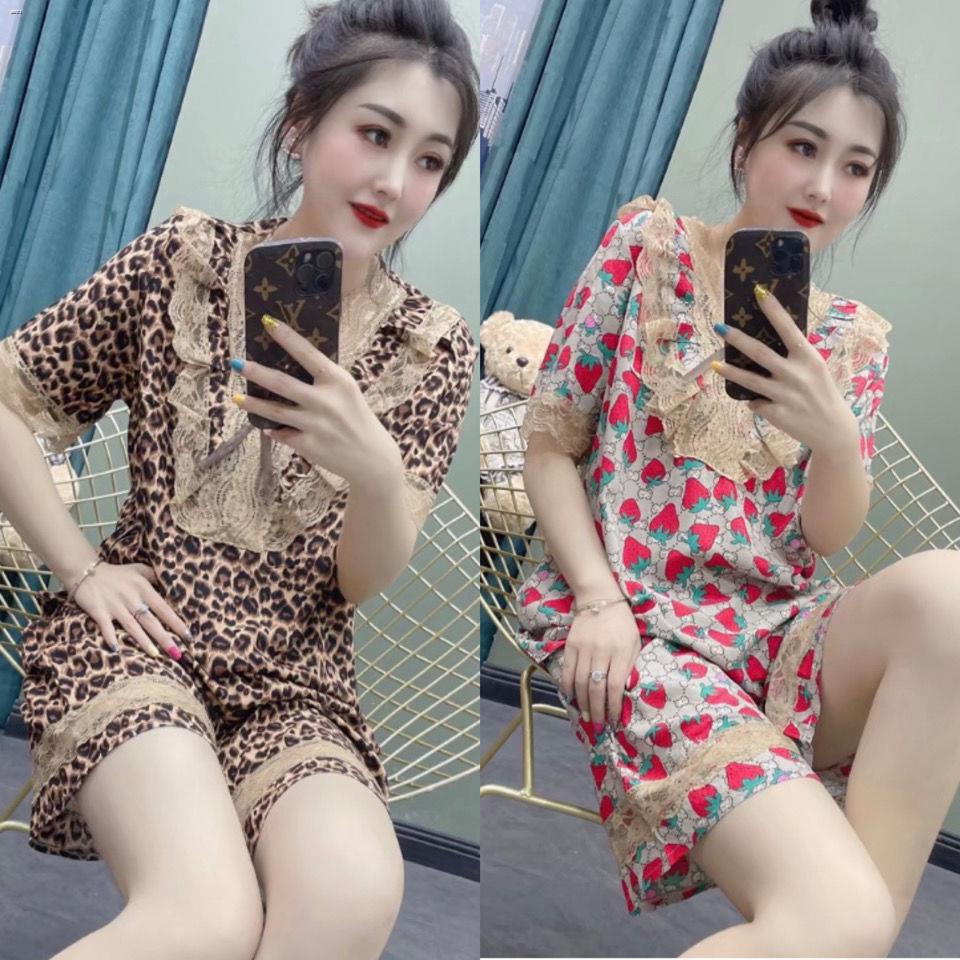 ❃Bộ đồ ngủ của phụ nữ mùa hè cotton lụa phiên bản Hàn Quốc thời trang lỏng lẻo in ren gợi cảm thoải mái lưới màu đỏ phục