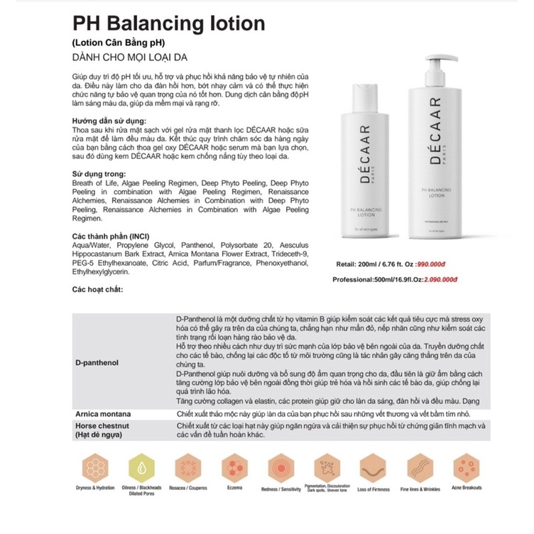 Décaar / Decaar PH Balancing lotion -toner - Nước Hoa hồng - Tinh chất duy trì độ PH giúp cân bằng khả năng bảo vệ da