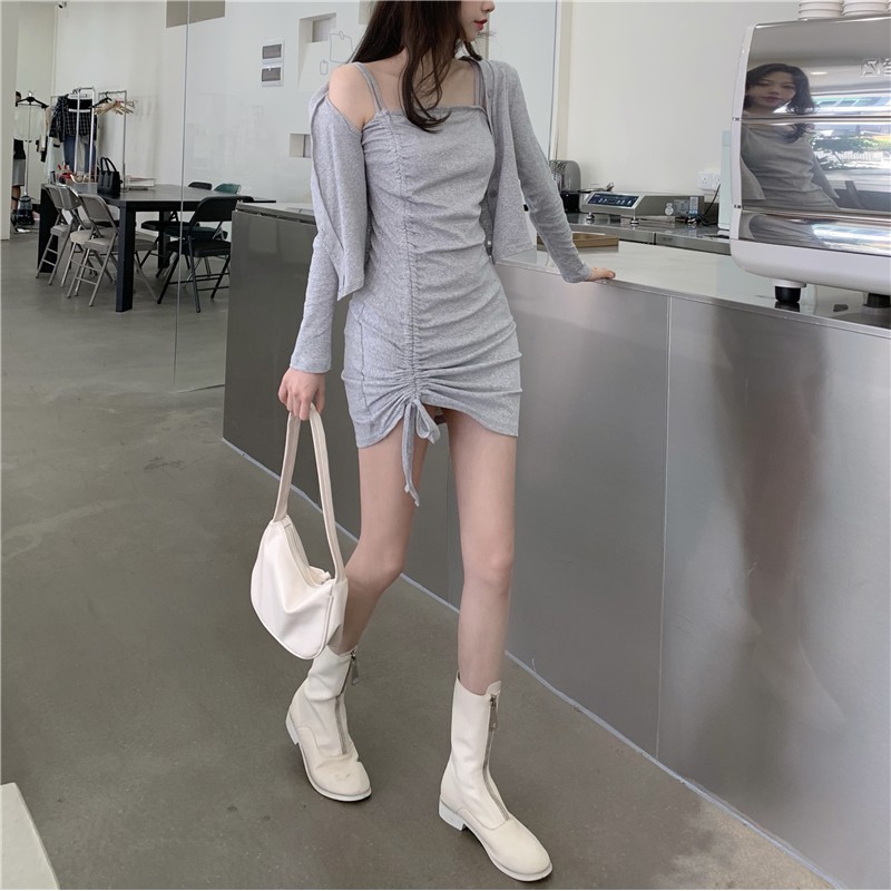 Váy 2 Dây Body Dây Rút Trơn Kèm Khoác LSEOUL V1203 Thoáng Mát Nữ Tính Năng Động