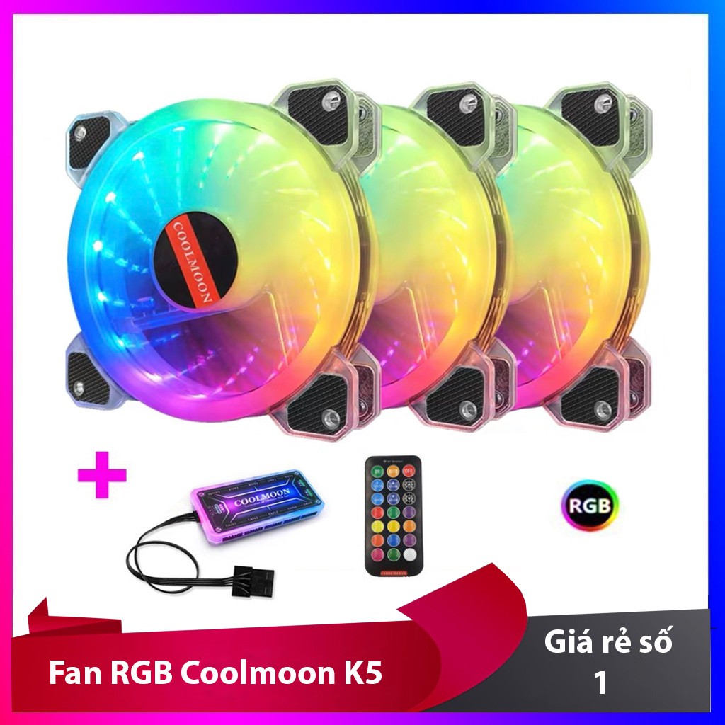 Combo 3 quạt coolmooon k5 Led RGB 16 Triệu Màu - Kèm Hub + Remote