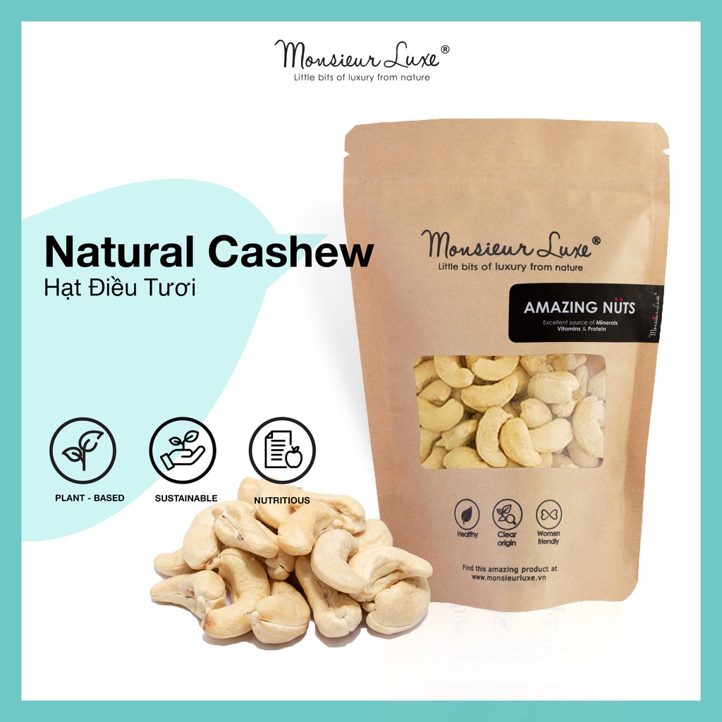 Hạt Điều tươi Luxe (Natural Cashew) - Giàu Omega-3, Tốt cho Gymmer, Hỗ trợ Giảm cân