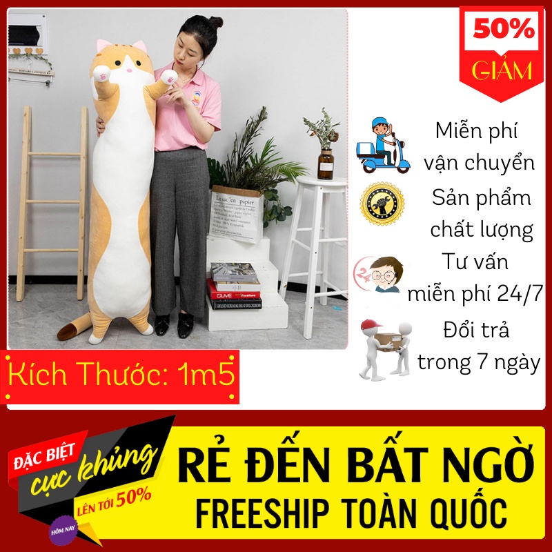 Gấu Bông Mèo Dài Vàng Giá Rẻ bông tuyết đẹp ngộ nghĩnh mềm mại, Kích thước 1,5, UPNOW