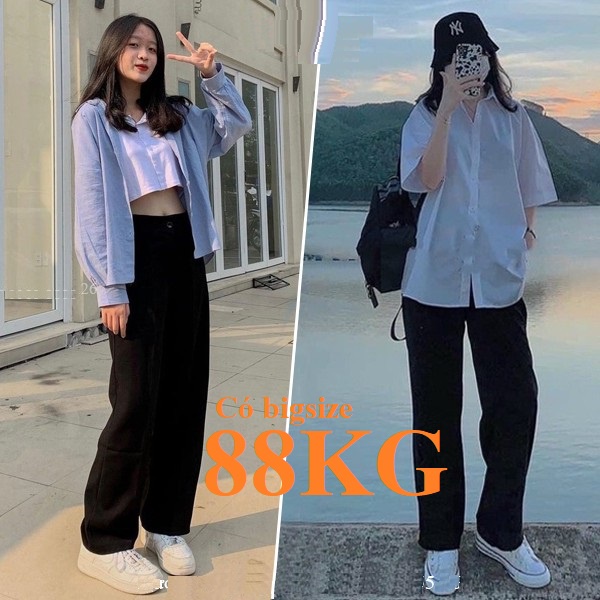 Khuy giữa, Quần Học Sinh Nữ Ống Rộng, quần ống rộng nữ, Vải Tuyết Mưa, Có Big size 89KG