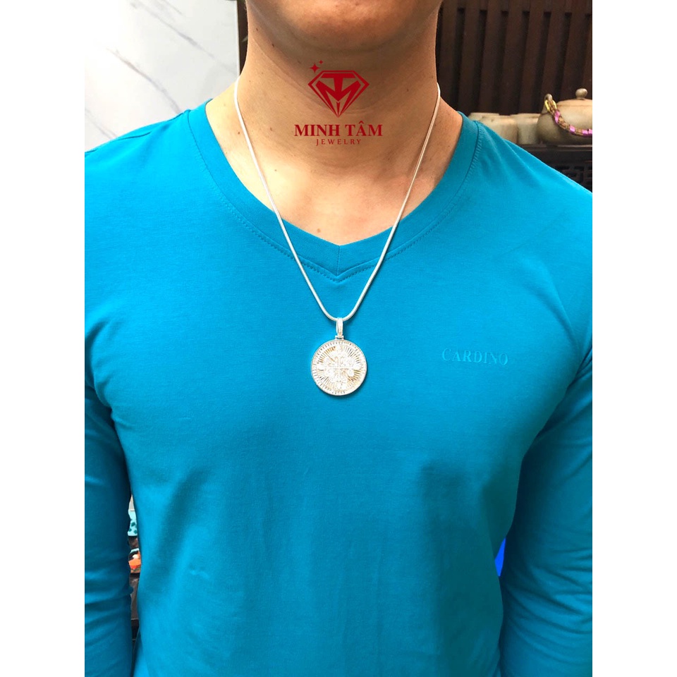 Mặt dây chuyền bạc nam hình tròn in hình khiên bạc ta, Bộ dây chuyền bạc nam hình tròn gắn đá-Minh Tâm Jewelry